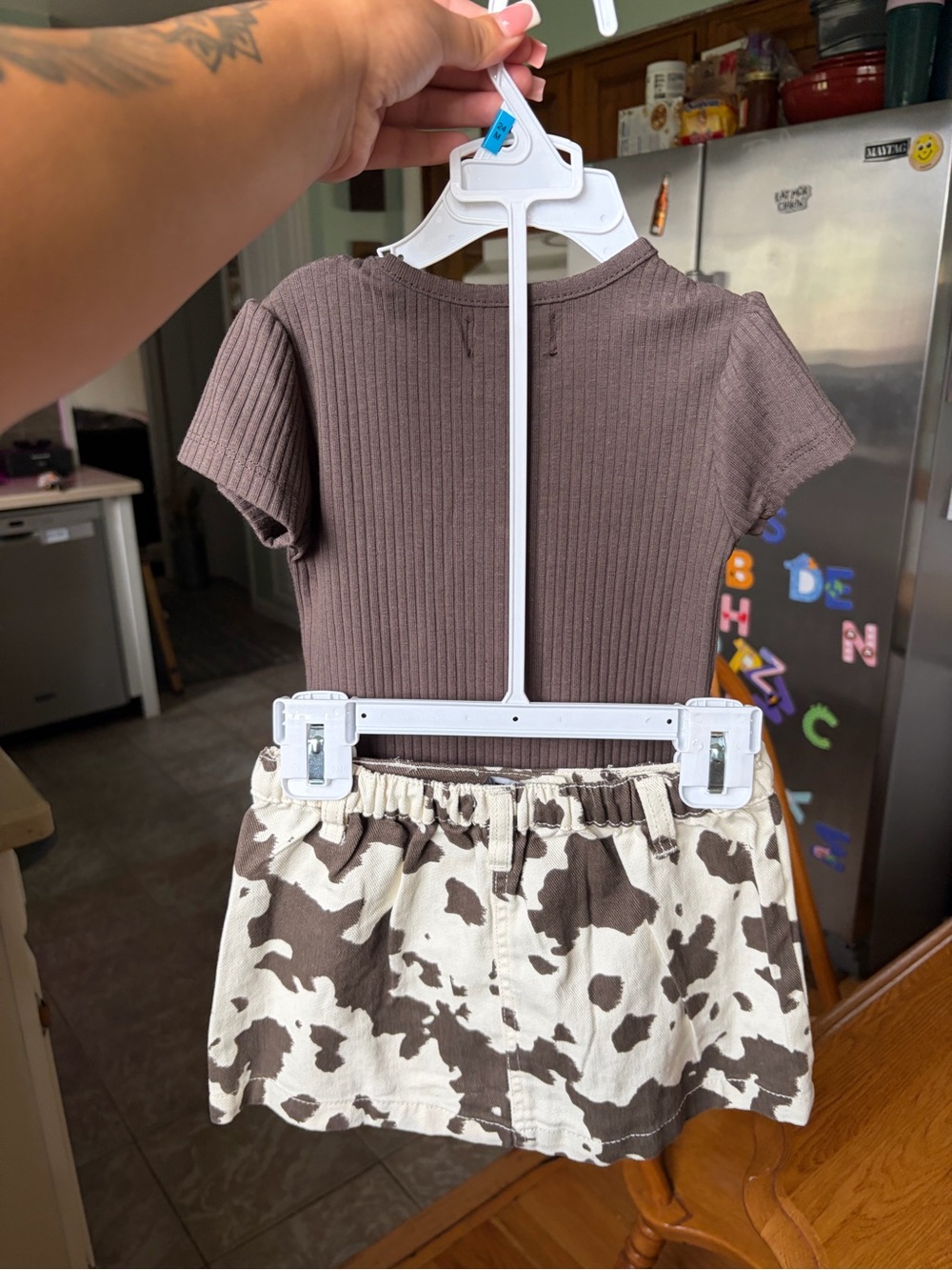 7 For All Mankind Brown Ribbed Baby One-Piece with Cowprint Ruffle - Picture 2 of 2